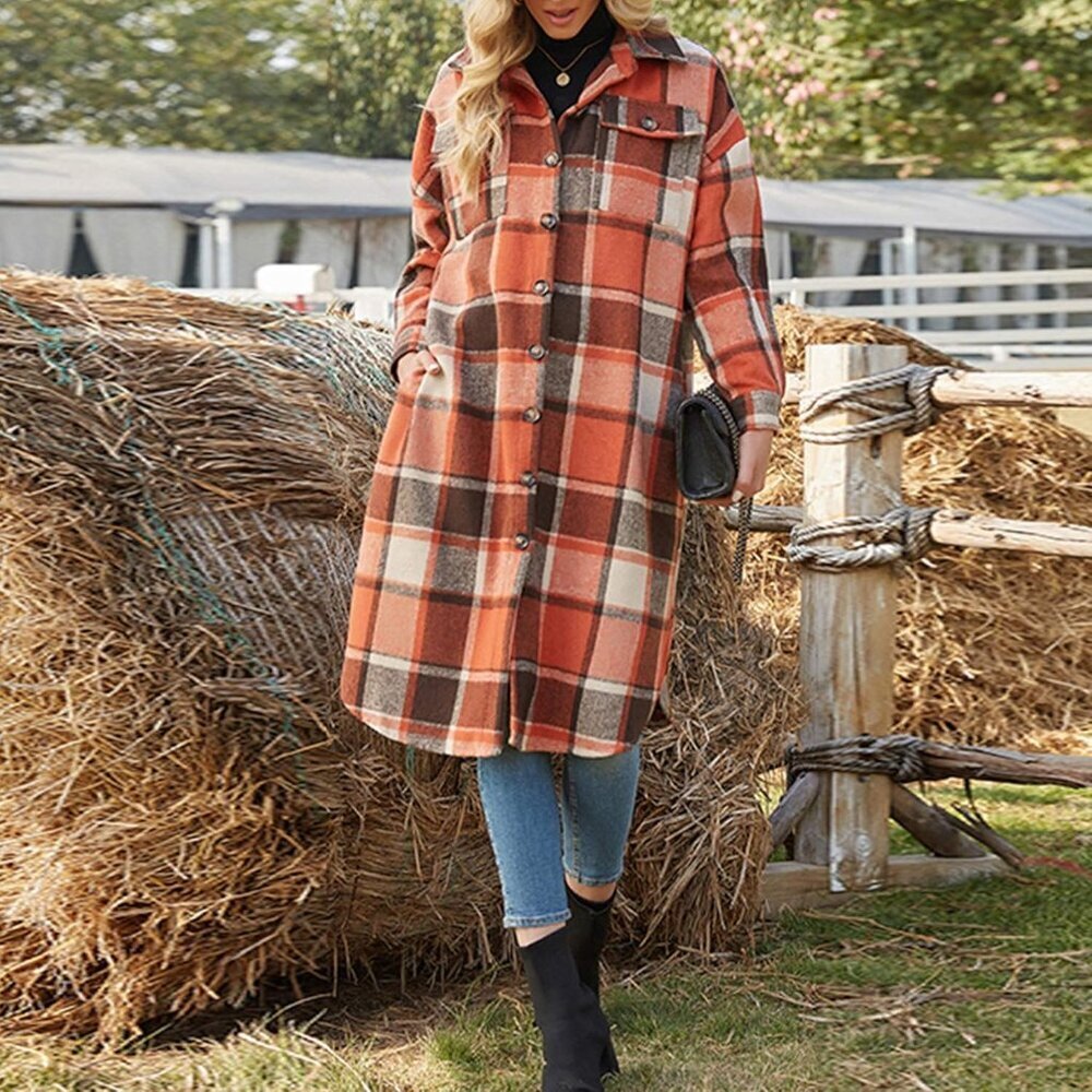 Women's Wool Blend Plaid Shirt Jacket Long Sleeve Casual Buttons Pockets - Picture 4 of 5